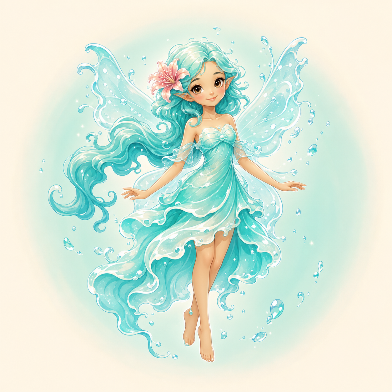 Neri, Nerina’s turquoise water fairy mascot with a flower in her hair
